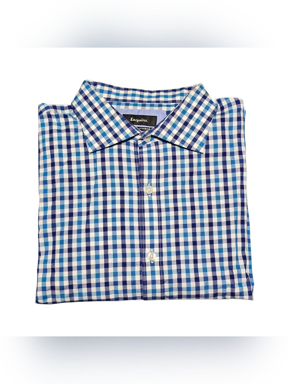 Esquire Men's Dress Shirt 16.5 34/35 Slim Fit Non Iron Blue Gingham Check LS
